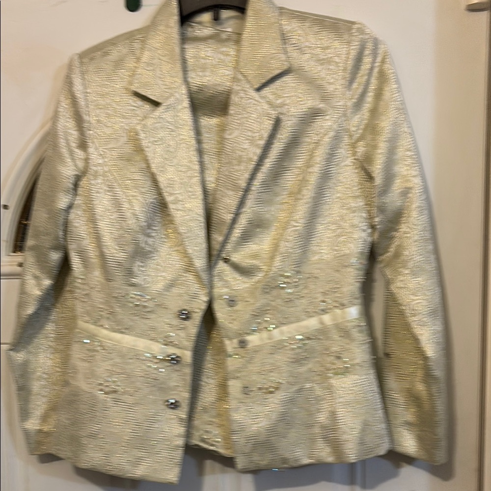 Elegant Gold Brocade Skirt Suit with pearls, color: Metallic green-white.